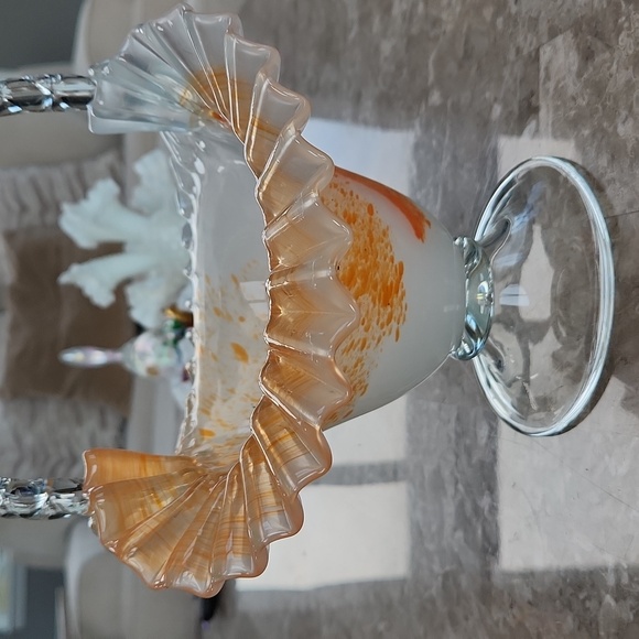 Hand Blown Basket, 11" Tall, Orange/white/clear - Picture 2 of 6